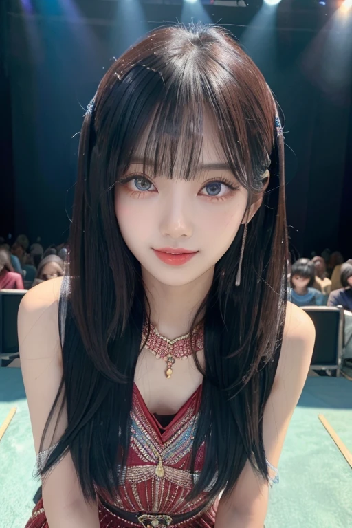 longeyelashes, aqua eyes, Surrealism, drop shadow, anaglyph, stereogram, atmospheric perspective, wide shot, panorama, 360 view, Wide-Angle, Nikon, 8K, super detail, best quality, high quality, highres, award winning, super detail, uhd, accurate, masterpiece、Black Hair、Bob Hair、Falter、Round eyes、False eyelashes、Light wavy hair, correct、Striped Hair、Brown Hair、Red Hair、Dark blue hair、Gradient Hair、Asymmetrical Hair、Hair behind the ear、Crossed bangs、Long Hair、とてもLong Hair、Hair up on one side、とんでもなくLong Hair、Valletta、sunglasses、Mole under the eye、Bright Blue Eyes、Long eyelashes, (Dark eyeliner), Ring Eye、Round eyes、compensate、邪悪なsmile、軽いsmile、Cast a Shadow、Character Portrait、Atmospheric perspective、Backlight、Exposure、Very detailed、最high quality、超High resolution、超High resolution、Very detailed、Very realistic, masterpiece、correct、Textured skin、high quality、最high quality、Awards、High resolution、16K, 髪のFalter、軽いsmile、Redness in the ears、correct、odor、Surrealism、Cast a Shadow、Subjective、Shine、360° View、Very detailed、最high quality、超High resolution、解剖学的にcorrect、masterpiece、Textured skin、High resolution、最high quality、High detail、Long eyelashes、A slight blush、compensate, ((whole body)), ((smile)),((Background stands on stage)),((Shorts concert outfit))
