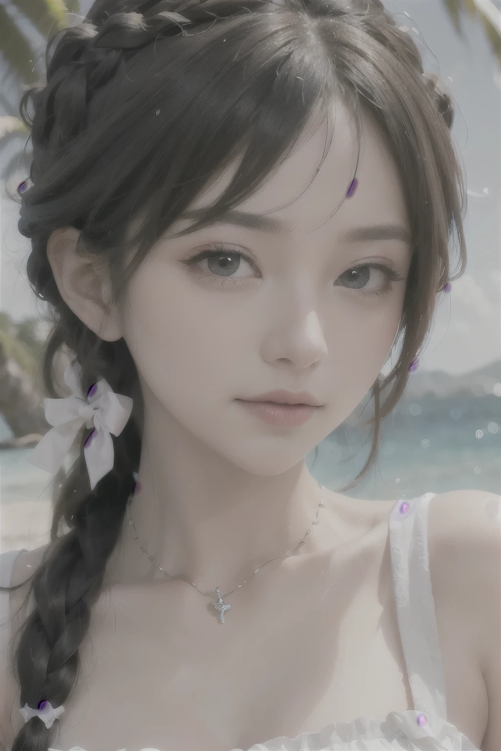 best quality, ultra hi res, photoreaslistic, a photography of a beautiful woman, 30yo age, detailed face, black Messy fishtail braid, (detailed porcelain doll,delicate clothes with a lot of frills and ribbons), Beach, (face close up), seductive look, looking at viewer,