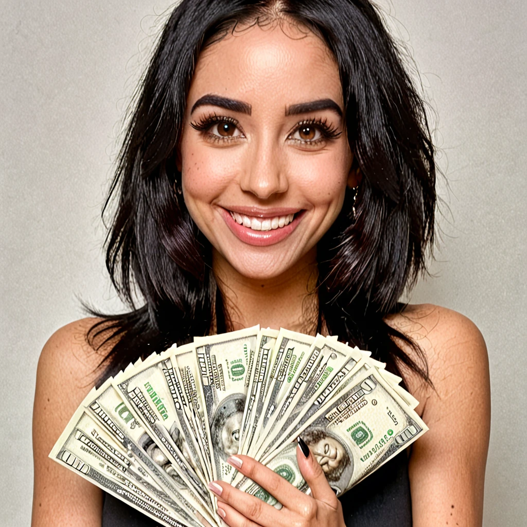 bearded woman beautiful shaggy beard, black hair, brown eyes, eyeliner, proud smile, seductive look, hold a load of dollar bills