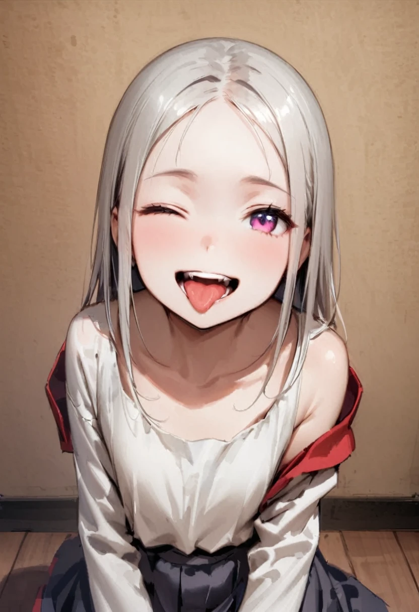 shoot from above、alone、headshot、Lick it with your tongue、Open your mouth wide、teeth、Close-up of face、primary school、School building、In the classroom、forehead、Open shoulder tops、Private Server、Girl、Girl、Short、Younger、Lower school year、Baby Face、flat chest、smile、Open one eye