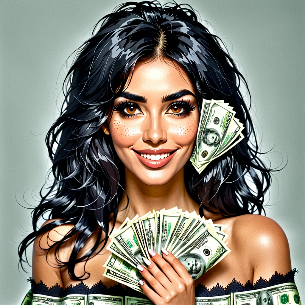 bearded woman beautiful shaggy beard, black hair, brown eyes, eyeliner, proud smile, seductive look, hold a load of dollar bills