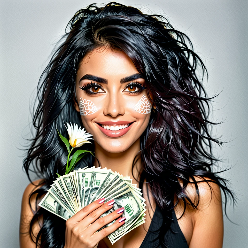 bearded woman beautiful shaggy beard, black hair, brown eyes, eyeliner, proud smile, seductive look, hold a load of dollar bills