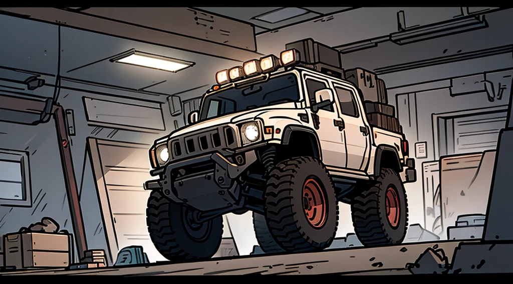 ((Best Quality)), ((masterpiece)), Highly detailed, 8K, red 6x6 heavy pickup truck, red dirty matte paint, square headlights, boxy angles, boxy 80s design, square headlights, (peterbilt influence:0.7), bright showroom, plain mesa background, cel-shaded, line art, bold black outlines, comic style, inkpunk, bright photoshoot lighting, ((isometric symmetry:1.2))