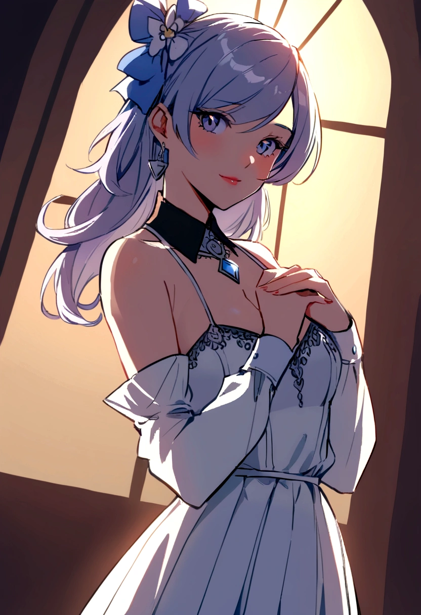 1girl, solo, looking at viewer, kiana kaslana (herrscher of finality), white hair, very long hair, ahoge, blue eyes, hairband, eyeliner, serious gaze, solid eyes, sharp eyes, symbol-shaped pupils, emotionless, glossy lips, blush, shiny skin, ((flowing high-low dress:1.5), (dark and vibrant gradient:1.6), (sheer lace neckline:1.4), (asymmetrical layered sleeves:1.5), (floral embellishments:1.3), (black belt with bow:1.4), (intricate patterns:1.5), (high boots with lace:1.4), (elegant and mysterious:1.5)), white background, simple background, blurry background, CG:1.9, ultra detailed:1.9, ultra-detailed:1.9, high resolution:1.9, high res:1.9, absurdres:1.9, masterpiece:2, high quality:2, best quality:2, (ultra-detailed), (illustration), (disheveled hair), (beautiful detailed eyes), beautiful, amazing, detailed eyes, (masterpiece), best quality, ((ultra-detailed)), ((an extremely detailed and delicate)), (8k cg wallpaper), (stunning art), ((illustration))