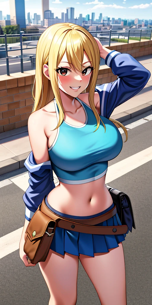 masterpiece, best quality, highres, lucy heartfilia, blonde hair, long hair, large breasts, jacket, crop top, bare shoulder, show stomach, belt, pleated skirt, cowboy shot, standing, looking at viewer, city road, outdoor, modern city road, blush, shy, smile, show teeth, stocking,