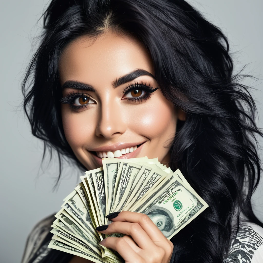 bearded woman beautiful shaggy beard, black hair, brown eyes, eyeliner, proud smile, seductive look, hold a load of dollar bills