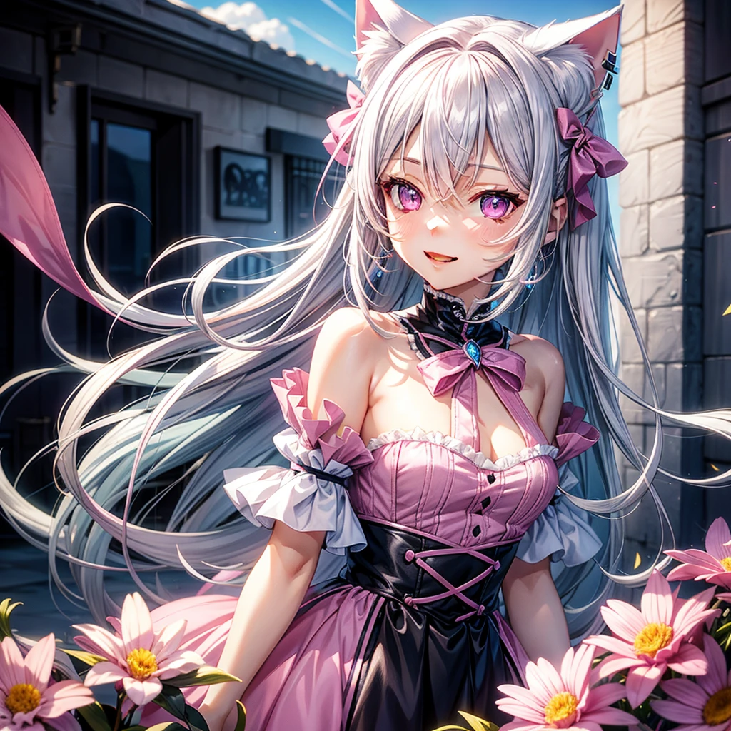 Silver hair, pink eyes, body, cat ears, sexy girl, earrings, flower sky background,pink blue uniform, hair bows, happy face, full body