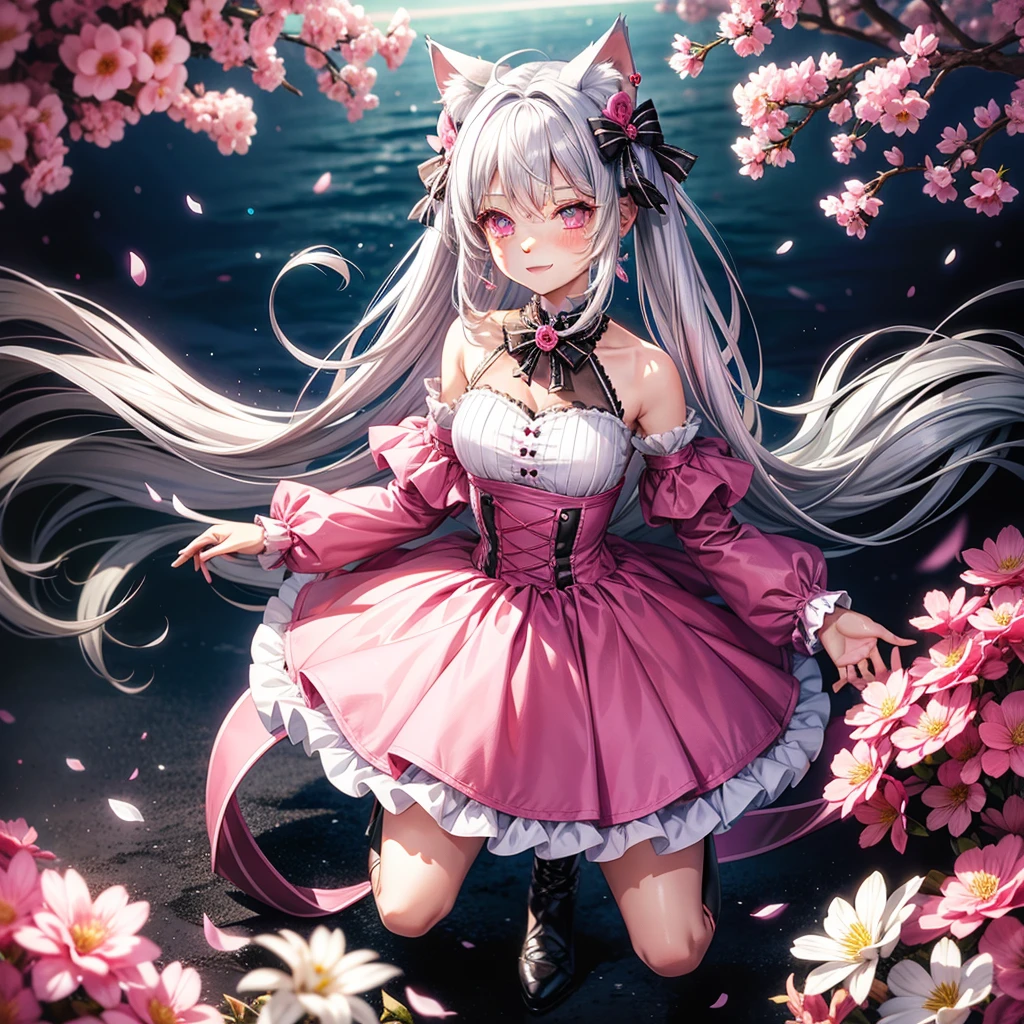 Silver hair, pink eyes, body, cat ears, sexy girl, earrings, flower sky background,pink blue uniform, hair bows, happy face, full body