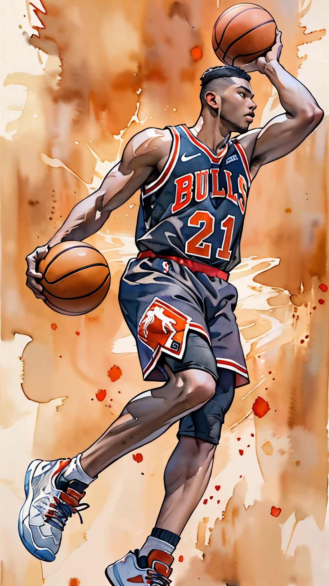 (masterpiece:1.2, Highest quality),(Very detailed),(((watercolor))),8K,wallpaper,(Chicago Bulls Uniforms),(Basketball shoes),28 years old,Black basketball players,Dunk Shot,(((front))),(((whole body:1.5))),(Severe),((Detailed hand drawing)),(透明watercolor),(((Slam Dunk)))