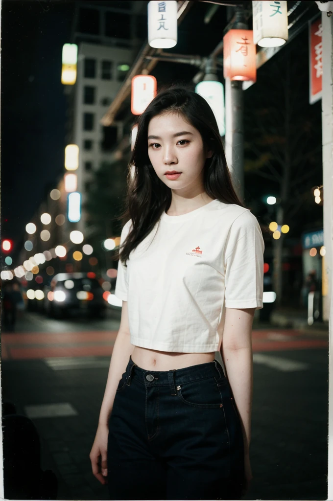 polaroid photo, night photo, photo of 24 y.o beautiful korean woman, pale skin, bokeh, motion blur.