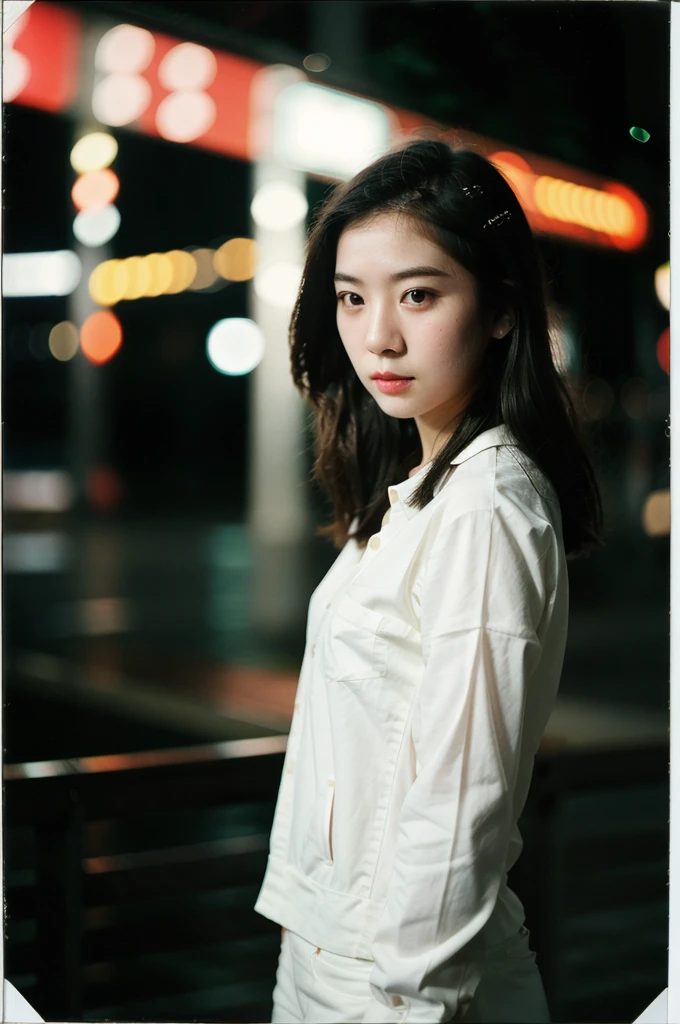 polaroid photo, night photo, photo of 24 y.o beautiful korean woman, pale skin, bokeh, motion blur. 
