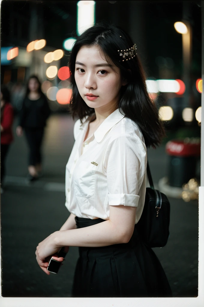 polaroid photo, night photo, photo of 24 y.o beautiful korean woman, pale skin, bokeh, motion blur. 
