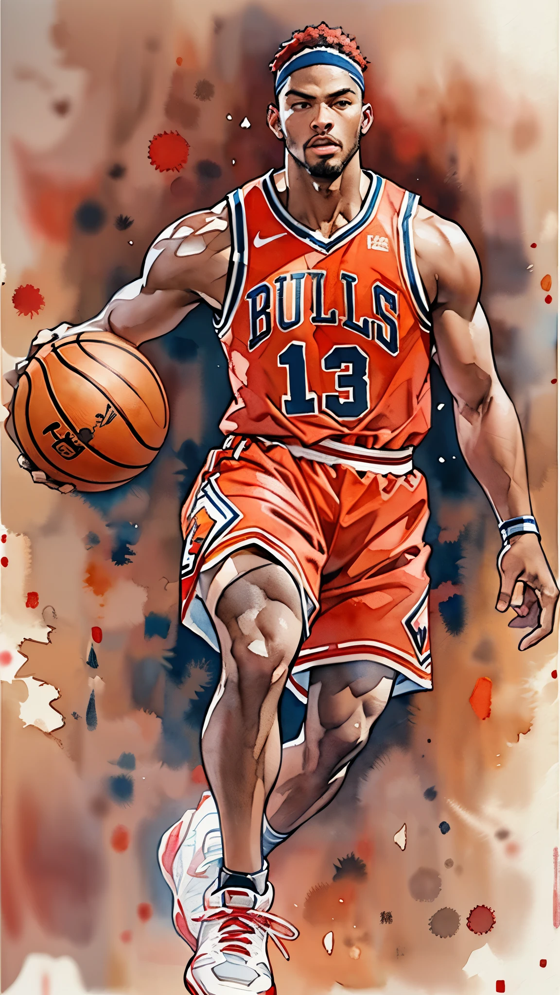 (masterpiece:1.2, Highest quality),(Very detailed),(((watercolor))),8K,wallpaper,(Chicago Bulls Uniforms),(Basketball shoes),28 years old,Black basketball players,Dunk Shot,(((front))),(((whole body:1.5))),(Severe),((Detailed hand drawing)),(透明watercolor),(((Slam Dunk)))