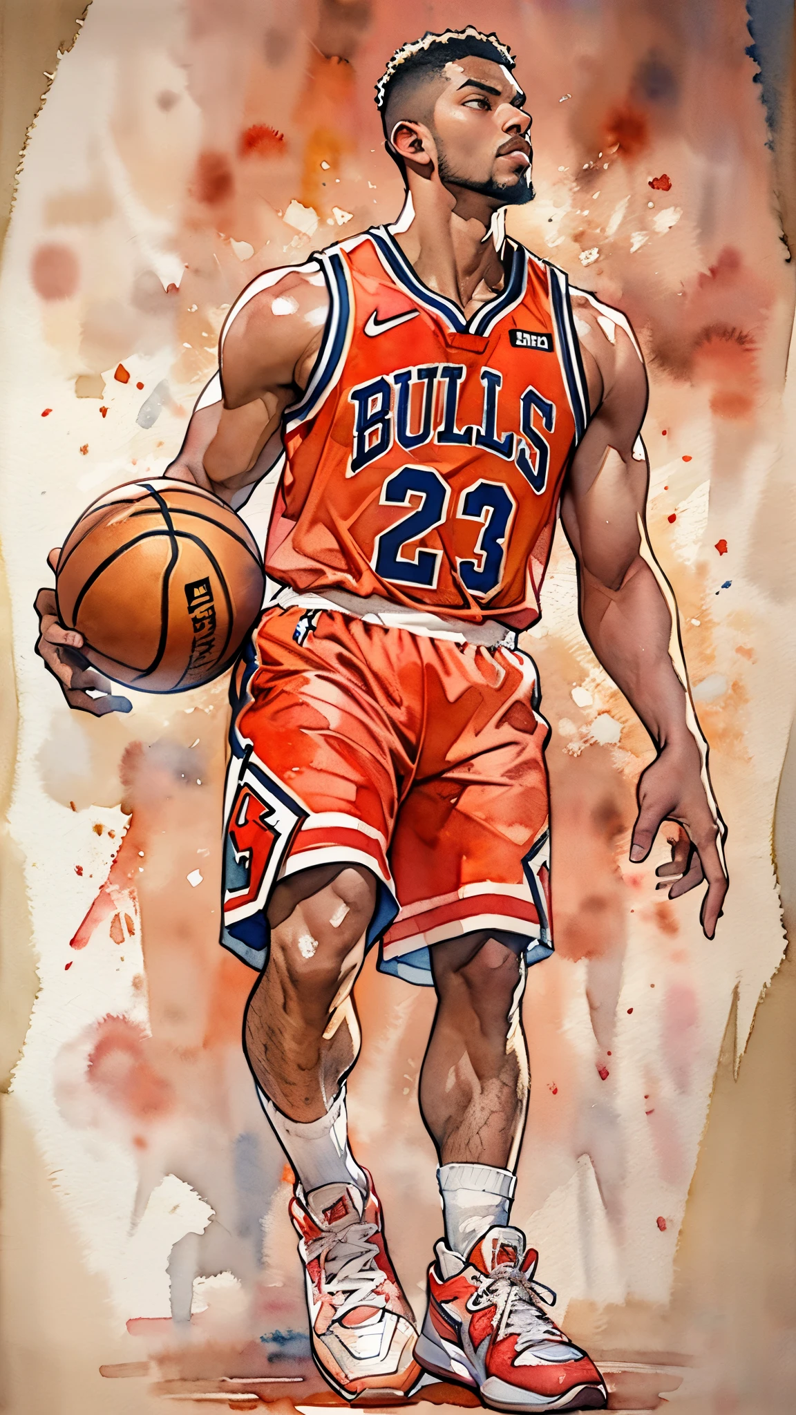 (masterpiece:1.2, Highest quality),(Very detailed),(((watercolor))),8K,wallpaper,(Chicago Bulls Uniforms),(Basketball shoes),28 years old,Black basketball players,Dunk Shot,(((front))),(((whole body:1.5))),(Severe),((Detailed hand drawing)),(透明watercolor),(((Slam Dunk)))