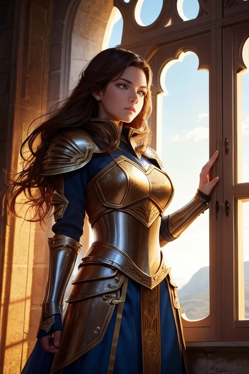 A beautiful woman stands on top of a tower in front of a window,her light brunette hair was blowing from the wind coming from the open window.,His red eyes glowed like flames dancing in a bonfire,she prepares to kiss the knight.
The man was tall,her hair was short and spiky,her hair was yellow with orange tones,he had blue eyes and was wearing armor with sun symbols.