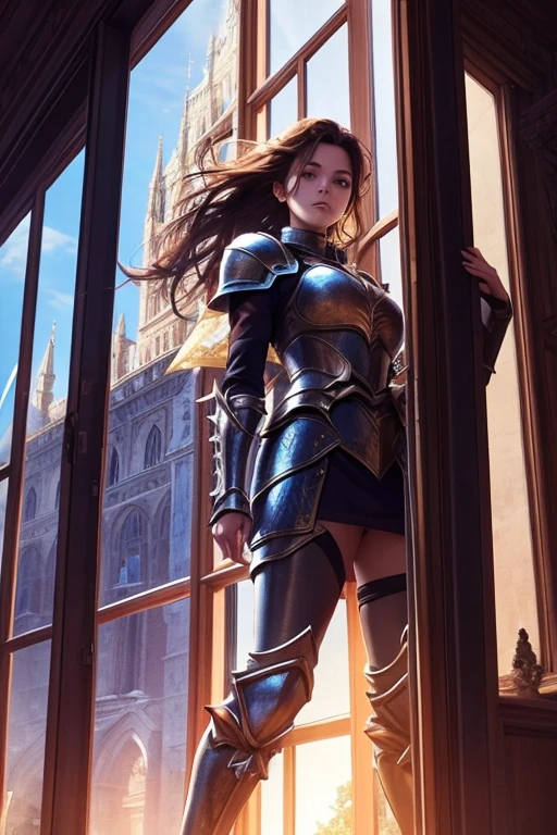 A beautiful woman stands on top of a tower in front of a window,her light brunette hair was blowing from the wind coming from the open window.,His red eyes glowed like flames dancing in a bonfire,she prepares to kiss the knight.
The man was tall,her hair was short and spiky,her hair was yellow with orange tones,he had blue eyes and was wearing armor with sun symbols.