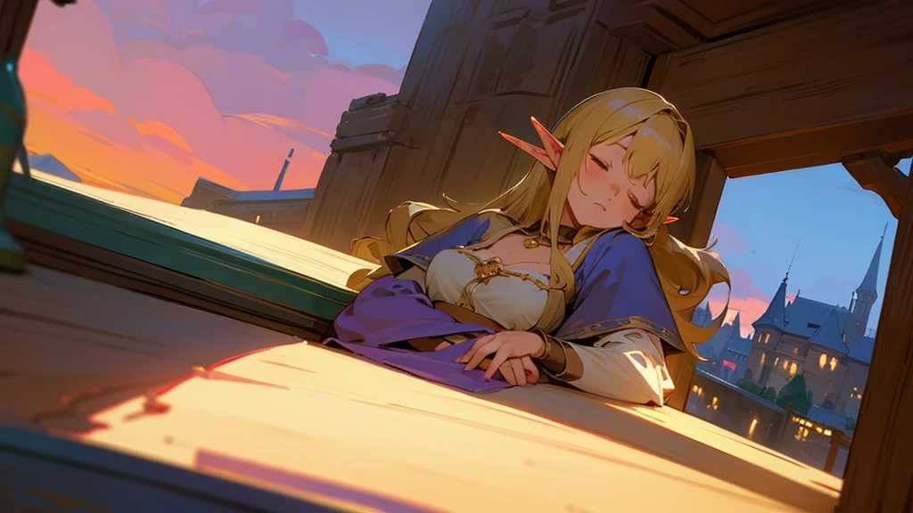 Anime Style,Nostalgic,Detailed background,The medieval world,A lively bar with lots of people,Beautiful sky,Sleeping bard beautiful elf girl,Thighs