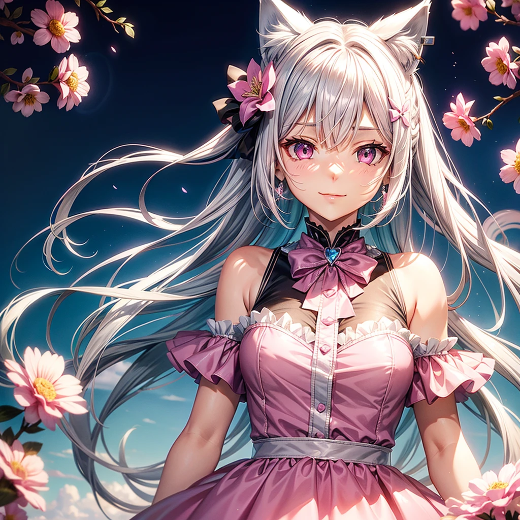 Silver hair, pink eyes, body, cat ears, sexy girl, earrings, flower sky background,pink blue uniform, hair bows, happy face