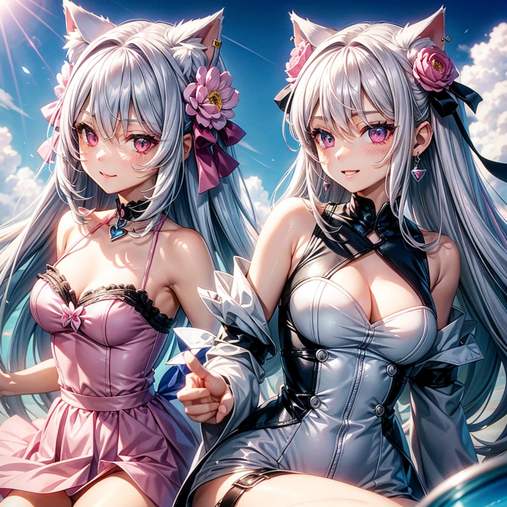 Silver hair, pink eyes, body, cat ears, sexy girl, earrings, flower sky background,pink blue uniform, hair bows, happy face