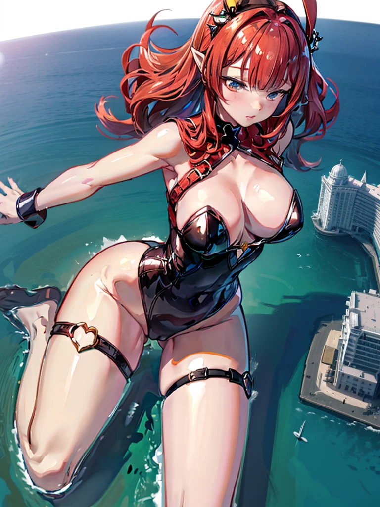 Giantess appears from underwater in front of a giant cruise ship, the cruise ship looks very small in front of her because it is giant, she is naked, she has red hair and white skin, she has small breasts but very sexy legs and her body is very curvy. Goddess, Attack, giant, cruise ship, full naked, sexy, hot, ocean, in middle of the ocean, without buildings, High quality, Red hair, hottest, tall girl, sexy legs, monster girl, cruise ship, giant cruise, attacking, evil, mad, without clothes, hentai, xxx