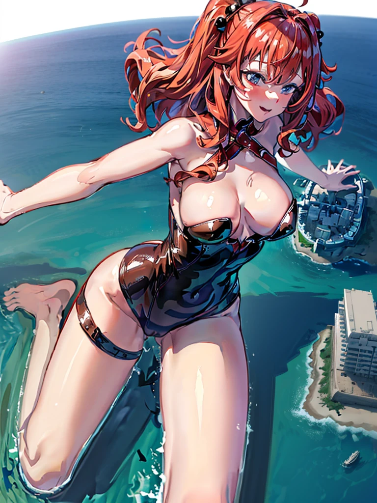 Giantess appears from underwater in front of a giant cruise ship, the cruise ship looks very small in front of her because it is giant, she is naked, she has red hair and white skin, she has small breasts but very sexy legs and her body is very curvy. Goddess, Attack, giant, cruise ship, full naked, sexy, hot, ocean, in middle of the ocean, without buildings, High quality, Red hair, hottest, tall girl, sexy legs, monster girl, cruise ship, giant cruise, attacking, evil, mad, without clothes, hentai, xxx
