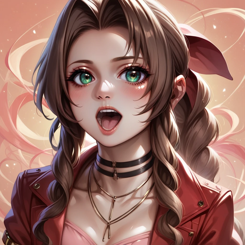 masterpiece, best quality, aerith gainsborough, choker, cropped jacket, hair bow, bracelet, pink dress, looking at viewer, abstract background, detailed mouth, mesmerizing mouth, high definition mouth, focus on face, best quality, detailed, absurd resolution, absurd detail, intricate details, vibrant colors, ultra-realistic, open mouth,