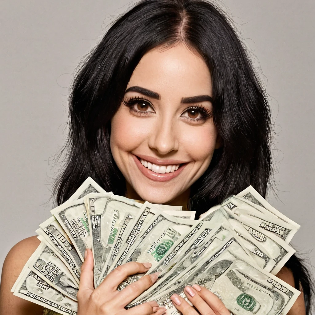 bearded woman beautiful shaggy beard, black hair, brown eyes, eyeliner, proud smile, seductive look, hold a load of dollar bills