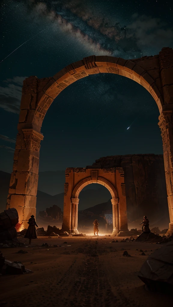 landscape, scorched earth, red earth, dimensional gate, demonic energy, portal (object), giant arch with statues, particles, desert, night, stars, volumetric lighting, best quality, masterpiece, hand painted textures, intricate details, realistic, wrcrft 