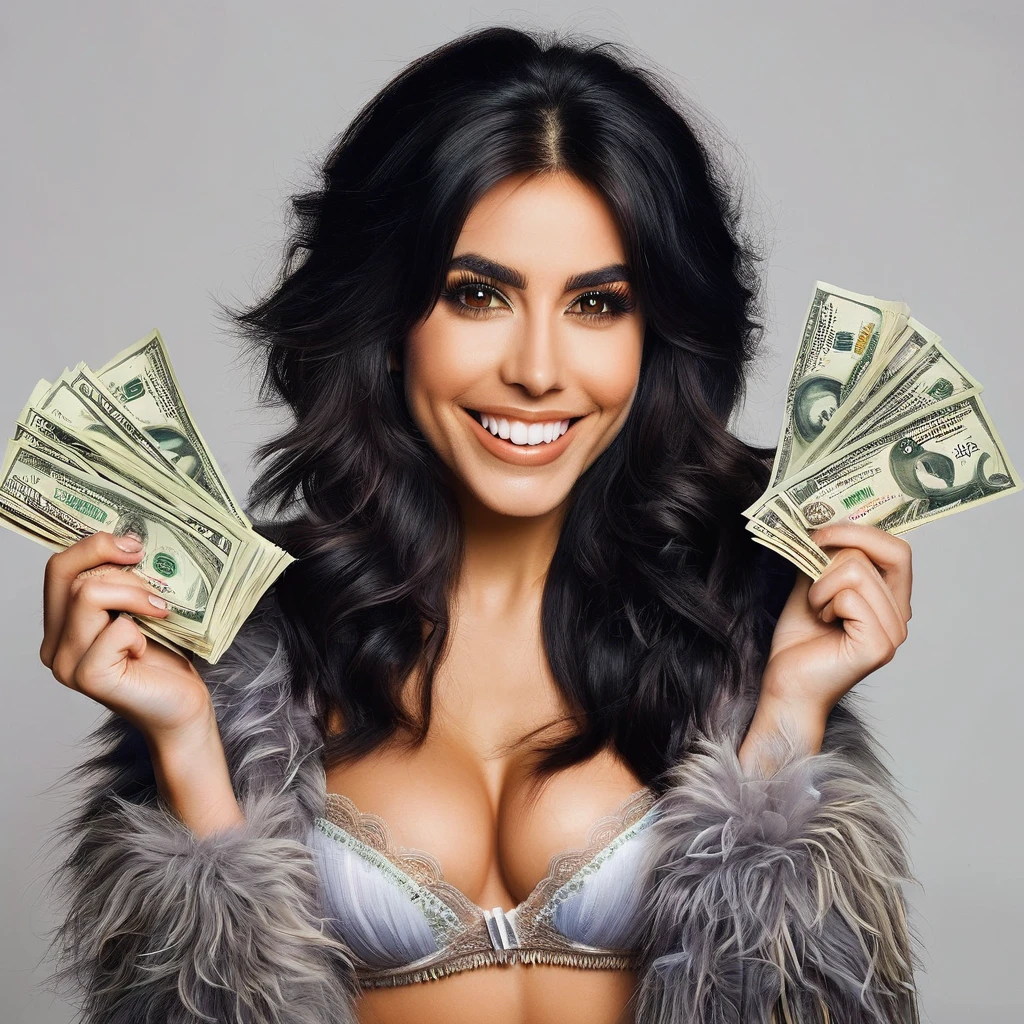 bearded woman beautiful shaggy beard, black hair, brown eyes, eyeliner, proud smile, seductive look, hold a load of dollar bills