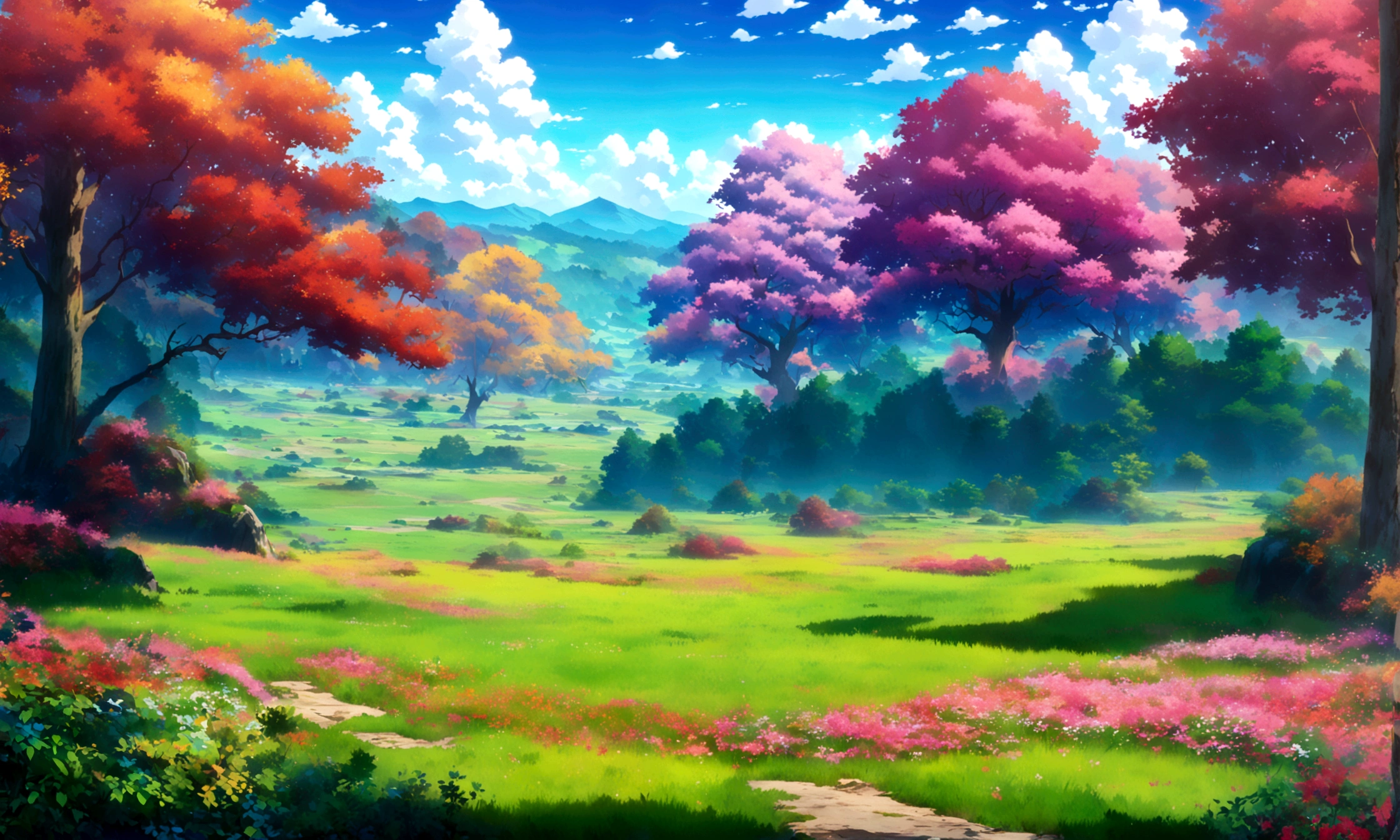 
anime - style painting of a tree in a day grassy field , anime countryside landscape, blue cloudy sky,anime landscape, anime landscape wallpaper, anime background art, beautiful anime scenery, anime background, anime beautiful peace scene, anime scenery, anime movie background, anime nature, anime scenery concept art, colorful anime movie background, beautiful anime scene, anime scene, beautiful landscape background,anime art wallpaper 8 K beautiful anime scene, beautiful puffy clouds. anime, 4 K highly detailed digital art