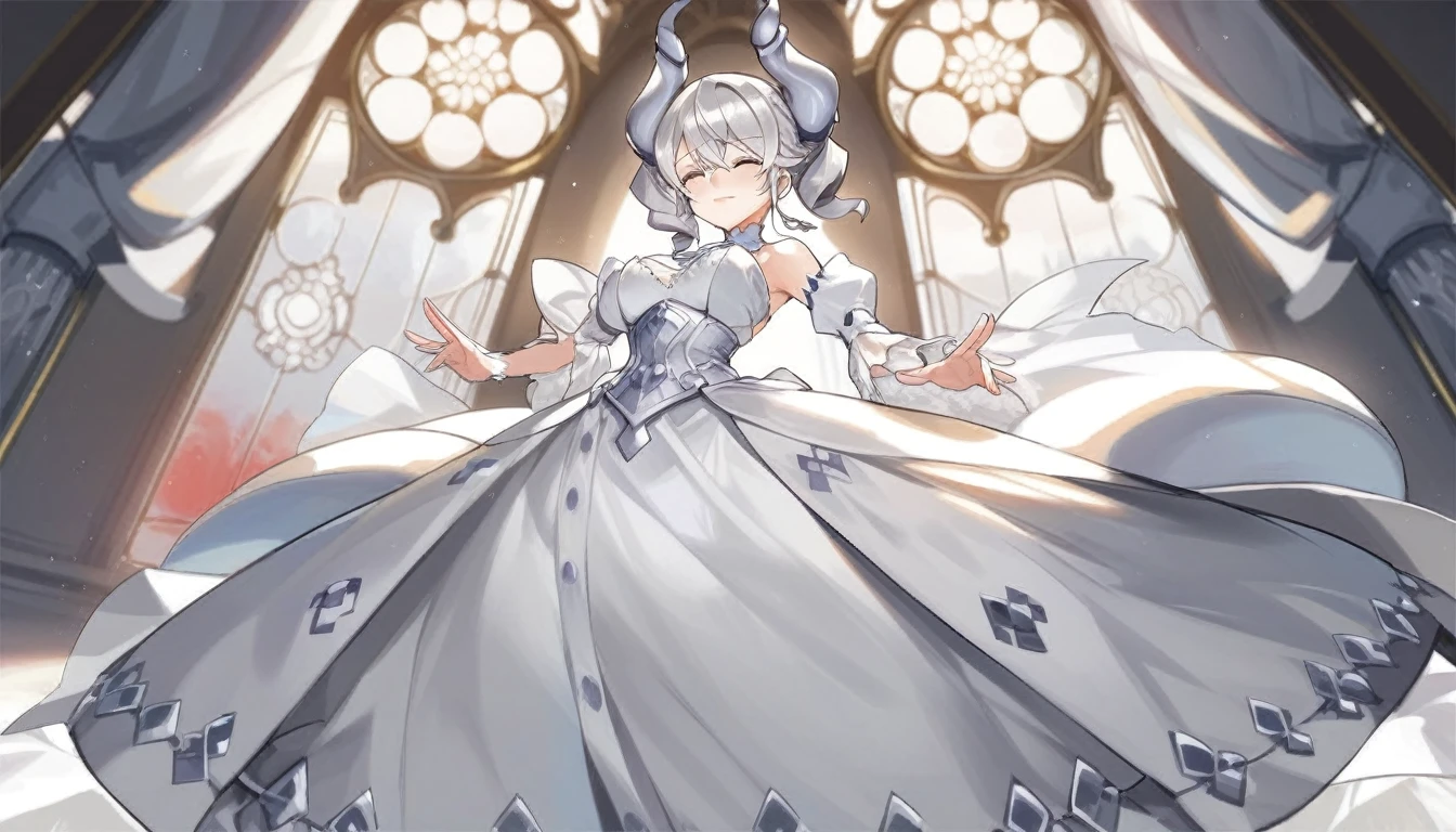 score_9, score_8_up, score_7_up, BREAK source_anime, best quality, masterpiece,
1girl, solo, Lovely Labrynth of the Silver Castle, white hair, horn, white dress, fullbody
 