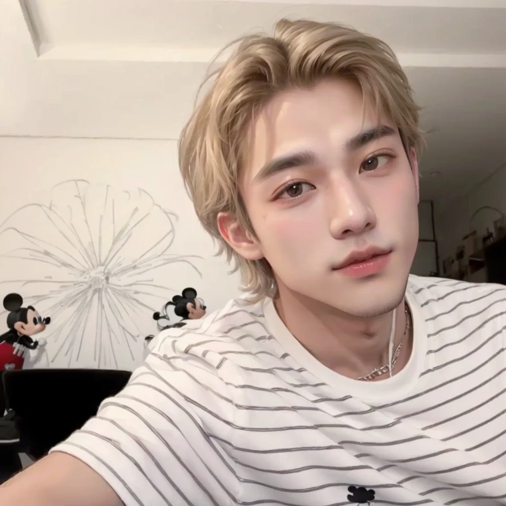 sharp man with a white shirt and a Mickey Mouse wall behind him, Taehyung eating Gucci fries, cai xukun, adorable and pale korean face, hyung tae, ruan father vtuber, xqc, all from the group nct, Tommy 1 6 years, his hair is messy and disheveled, Jungkook, Retrato de Jossi do Blackpink