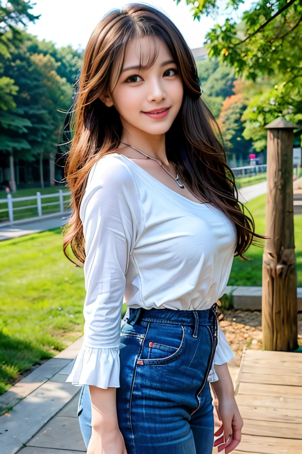 seed;88117315,((Full Body Angle))、((Front hair:1.3))、((Highest quality, 8K, masterpiece: 1.3)), concentrated: 1.2, Cute girl 1,Nipples erect、 Perfect beauty: 1.4,Cut and sewn T-shirt Raglan sleeve summer short sleeve T-shirt.Shorts: 1.2,Long sleeve、Randall Color、comics＆Text Graphics、Black ruffle-trimmed drawstring zip blouse,1.1, Highly detailed face and skin textures, Fine grain, double eyelid, whitening skin, ,Highest quality,Ultra-high resolution,you,1 girl,alone,_Shiny_skin,Iris,necklace,((brown_length_Wavy_hair)),(lips)),eyelash,Front hair,deal with,compensate,Shiny,pore,skin,Large Breasts、((smiling face))、Riverside Walk、walk、