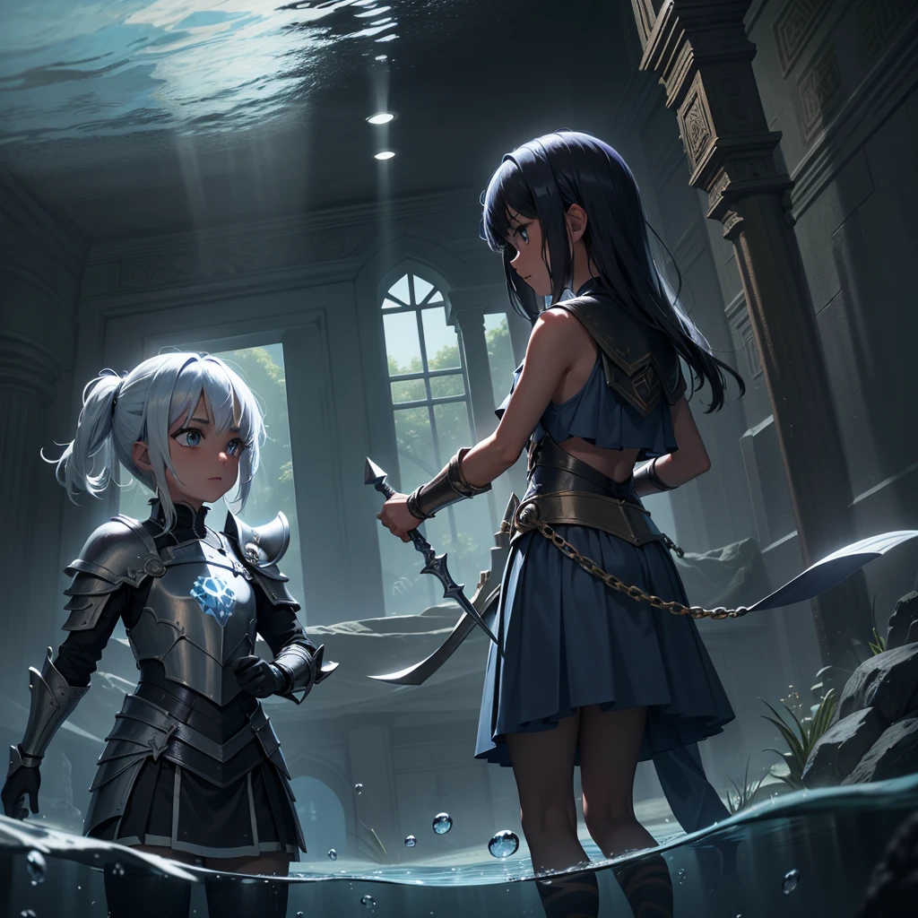 最high quality、high quality、Simple cloth armor、8--old、enturer、Flat Chest、Pitch-dark underground labyrinth、No light、skirt、Equipped with a dagger and a shield、Face above water、Body in water, Underwater Photography、浮力でskirt捲れる