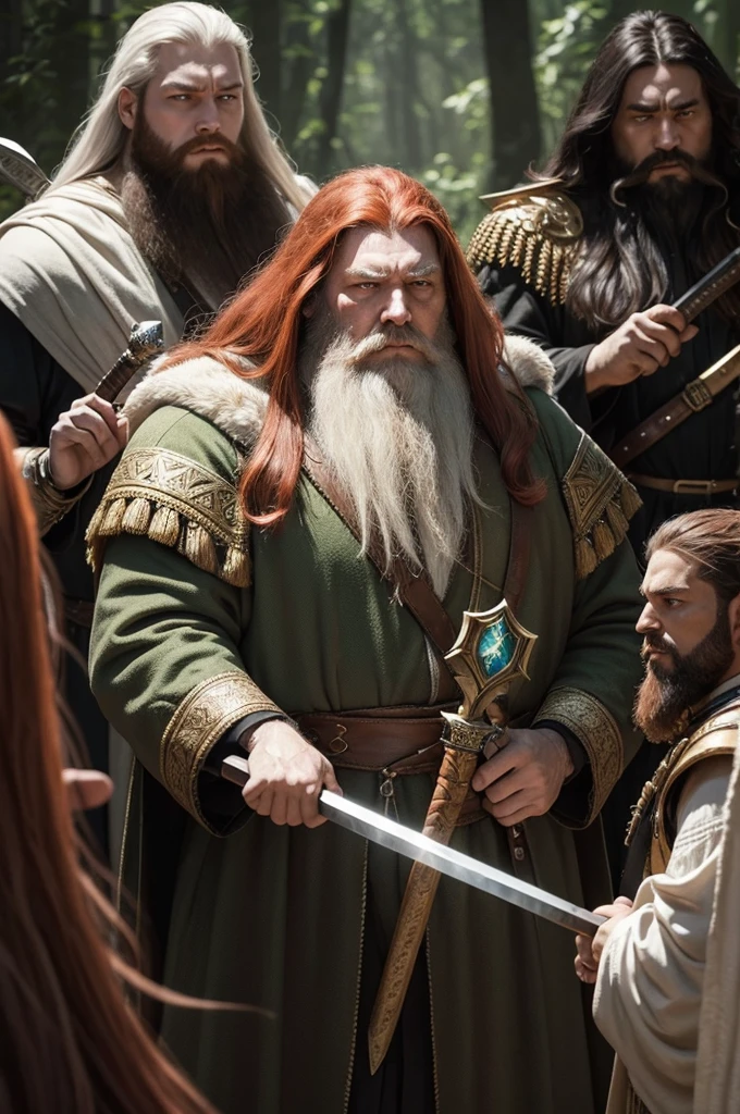 A group of 4 kings gather at the head of their armies after the battle.
The t king is older and has long silvery-white hair and a low, silvery-white beard, In his hands he holds a white flail with a blue tip.
The second king is very fat and has a beard and brown hair., have rosier cheeks, in his hands he holds a war hammer.
The third king has a grumpy face, has long red hair and a trimmed red beard, holds in his hands a blax The fourth king is a little taller, has long black hair, no beard and paler skin, holds in his hands a shining green sword.
In the background a crystal kingdom.