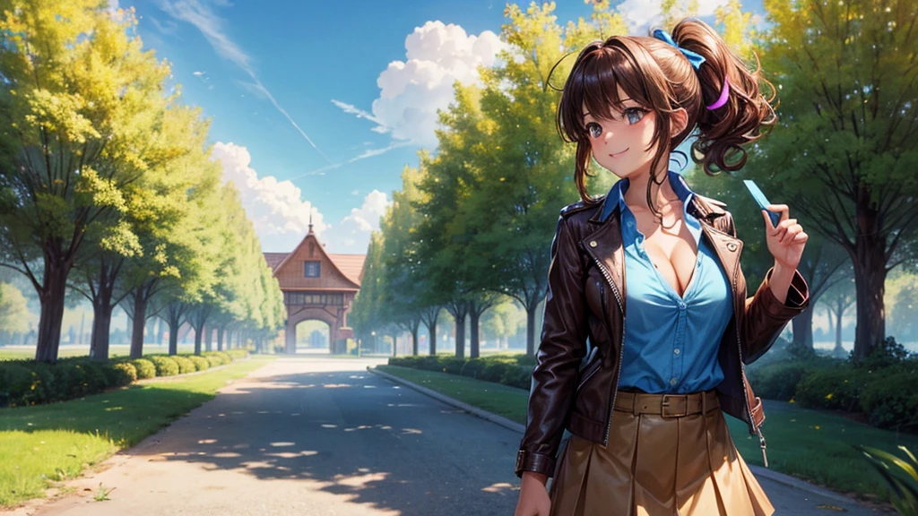 1girl, solo, full body, summer, village, trees, sun, clouds, ((colorful hair)), curly hair, ponytail, large full breasts, ((brown leather jacket)), button down shirt, ((blue shirt)), ((short sleeved shirt)), ((unbuttoned shirt)), unbuttoning buttons, cleavage 1:3, brown eyes, skirt, smile, looking at the viewer, standing, hair ribbon, golden necklate