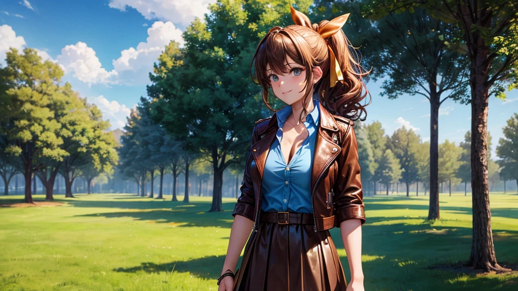 1girl, solo, full body, summer, village, trees, sun, clouds, ((colorful hair)), curly hair, ponytail, large full breasts, ((brown leather jacket)), button down shirt, ((blue shirt)), ((short sleeved shirt)), ((unbuttoned shirt)), unbuttoning buttons, cleavage 1:3, brown eyes, skirt, smile, looking at the viewer, standing, hair ribbon, golden necklate
