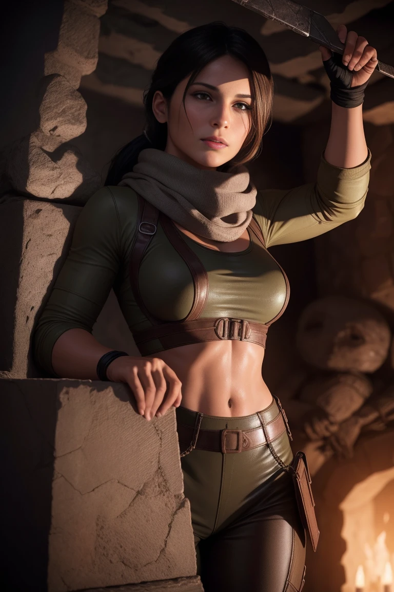 Lara Croft holding a metal hexagon cube with ancient drawings in her hands, standing in a Tomb, dark lighting, underground Tomb, perfect anatomy, beautiful face, perfect hands, broken statues in the background, wearing a dark coat and a scarf, DLSR, sharp focus, soft lighting, perfect face, ultra detailed face, perfect brown eyes, beautiful face
