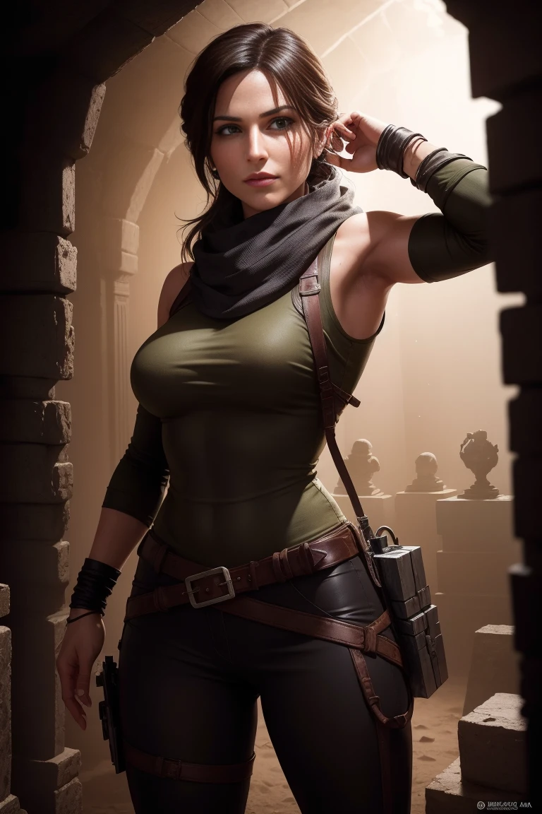 Lara Croft holding a metal hexagon cube with ancient drawings in her hands, standing in a Tomb, dark lighting, underground Tomb, perfect anatomy, beautiful face, perfect hands, broken statues in the background, wearing a dark coat and a scarf, DLSR, sharp focus, soft lighting, perfect face, ultra detailed face, perfect brown eyes, beautiful face