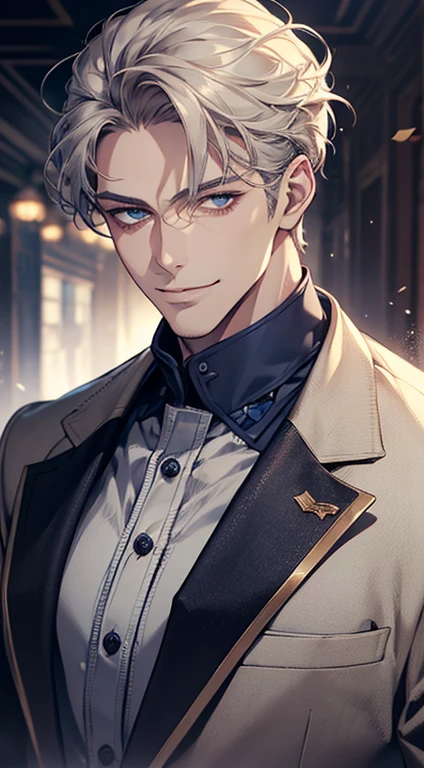 a mature man, very handsome, short grey golden hair, beautiful blue eyes, perfect detailed face, buttoning his jacket, CEO, smiling in love, cinematic lighting, 1:4 HDR, photorealistic, ultra detailed, 8K, best quality, masterpiece