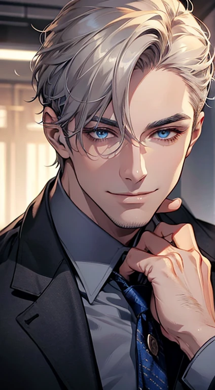 a mature man, very handsome, short grey golden hair, beautiful blue eyes, perfect detailed face, buttoning his jacket, CEO, smiling in love, cinematic lighting, 1:4 HDR, photorealistic, ultra detailed, 8K, best quality, masterpiece