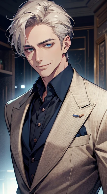 a mature man, very handsome, short grey golden hair, beautiful blue eyes, perfect detailed face, buttoning his jacket, CEO, smiling in love, cinematic lighting, 1:4 HDR, photorealistic, ultra detailed, 8K, best quality, masterpiece