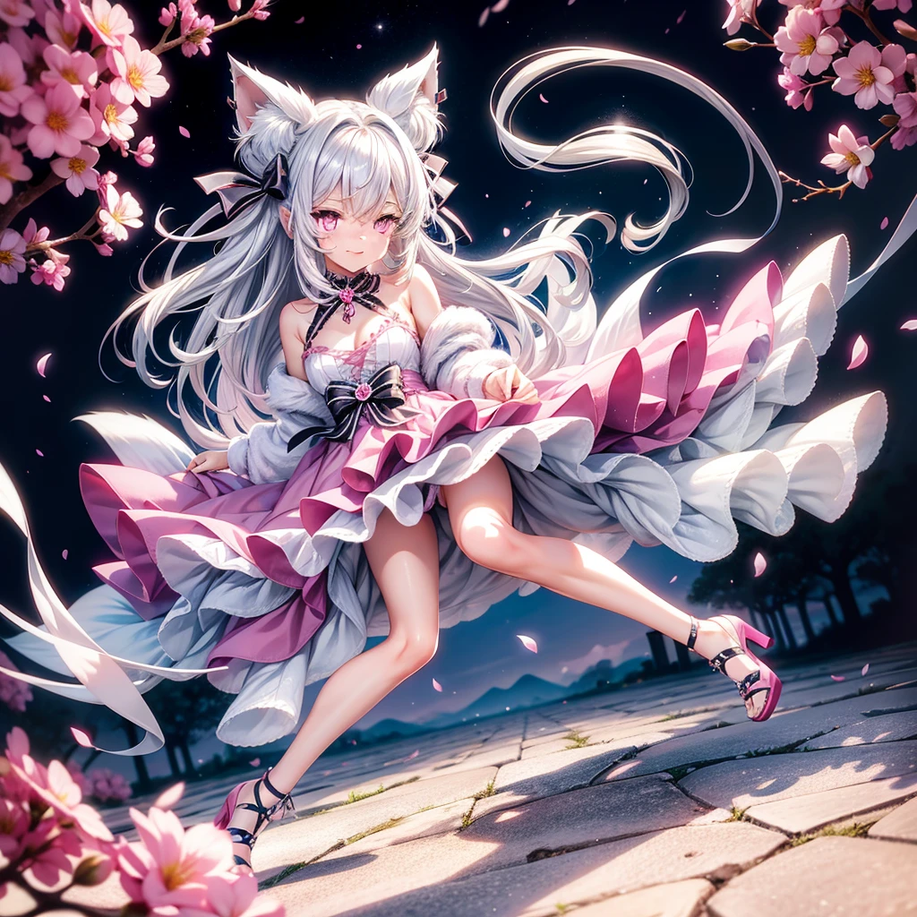 Silver hair, pink eyes, body, cat ears, sexy girl, earrings, flower sky background,pink blue uniform, hair bows, happy face, full body