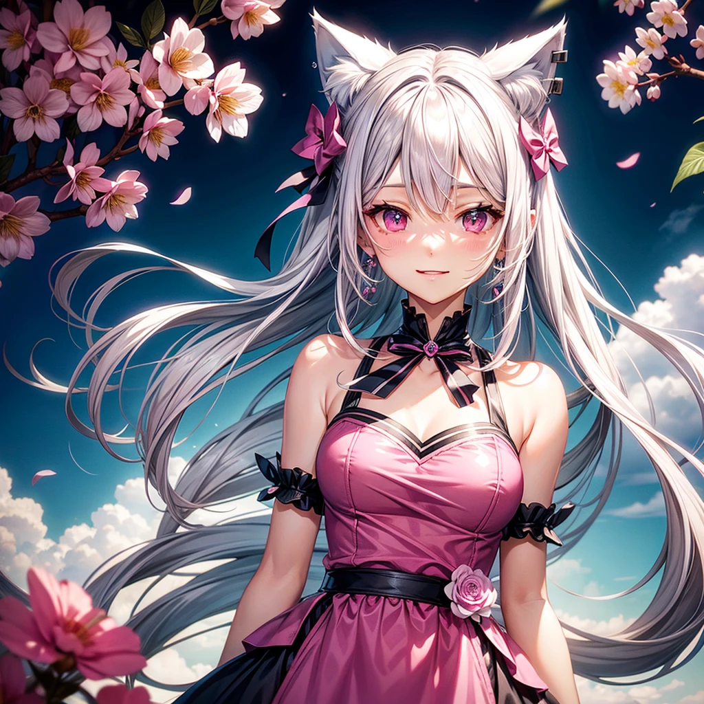 Silver hair, pink eyes, body, cat ears, sexy girl, earrings, flower sky background,pink blue uniform, hair bows, happy face, full body