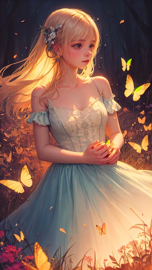 1girl, solo, full body, (masterpiece:1.21), (best quality:1.2), colorful, (illustration:1.2), (cinematic lighting:1.1), (bare shoulders:1.21), (collarbone:1.21)
In this whimsical and fantastical garden, the scene is illuminated by a rainbow of (colorful fireflies), dancing and fluttering in the air. The garden is decorated by a gentle (drizzle), creating a misty and ethereal atmosphere. In the center of the scene, there is a single girl, an extremely delicate and beautiful girl, with cute features and an innocent expression. Her long hair is flowing with the wind. She is wearing no shoulder straps dress, which is ultra low cut, highlighting her delicate curves.
The lighting is very delicate and beautiful, creating a soft and warm glow that highlights the water, making it sparkle like diamonds. The finest grass is also illuminated, creating a lush and verdant carpet. The garden is surrounded by colorful flower fields, with blooms of every color and shape. (Colorful butterflies), of every shade and size, can be seen fluttering around the scene, adding to the overall sense of wonder and magic. (look ai viewer),A blush can be seen on her nose, and her mouth is slightly open, adding to the overall sense of innocence and youthfulness. Falling petals can be seen floating around her, adding to the overall sense of romance and beauty. A gentle wind is blowing through the scene, making the leaves rustle and the flowers sway, adding to the overall sense of movement and life. This is a scene of pure wonder and magic, filled with color and beauty, where the viewer can lose themselves in the enchanting and captivating world.