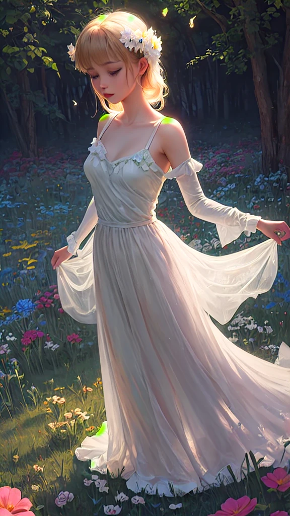 1girl, solo, full body, (masterpiece:1.21), (best quality:1.2), colorful, (illustration:1.2), (cinematic lighting:1.1), (bare shoulders:1.21), (collarbone:1.21)
In this whimsical and fantastical garden, the scene is illuminated by a rainbow of (colorful fireflies), dancing and fluttering in the air. The garden is decorated by a gentle (drizzle), creating a misty and ethereal atmosphere. In the center of the scene, there is a single girl, an extremely delicate and beautiful girl, with cute features and an innocent expression. Her long hair is flowing with the wind. She is wearing no shoulder straps dress, which is ultra low cut, highlighting her delicate curves.

The lighting is very delicate and beautiful, creating a soft and warm glow that highlights the water, making it sparkle like diamonds. The finest grass is also illuminated, creating a lush and verdant carpet. The garden is surrounded by colorful flower fields, with blooms of every color and shape. (Colorful butterflies), of every shade and size, can be seen fluttering around the scene, adding to the overall sense of wonder and magic. (look ai viewer),A blush can be seen on her nose, and her mouth is slightly open, adding to the overall sense of innocence and youthfulness. Falling petals can be seen floating around her, adding to the overall sense of romance and beauty. A gentle wind is blowing through the scene, making the leaves rustle and the flowers sway, adding to the overall sense of movement and life. This is a scene of pure wonder and magic, filled with color and beauty, where the viewer can lose themselves in the enchanting and captivating world.