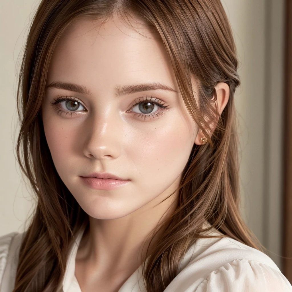 Close-up of a woman with brown hair wearing a white shirt, Emma!! Watson!!, with the face of Emma Watson, clear portrait of Emma Watson, face of Emma Watson, Emma Watson as blond aphrodite, Emma Watson as driada, She looks a bit like Amy Adams, Emma Watson portrait, Emma Watson, photo of Emma Watson