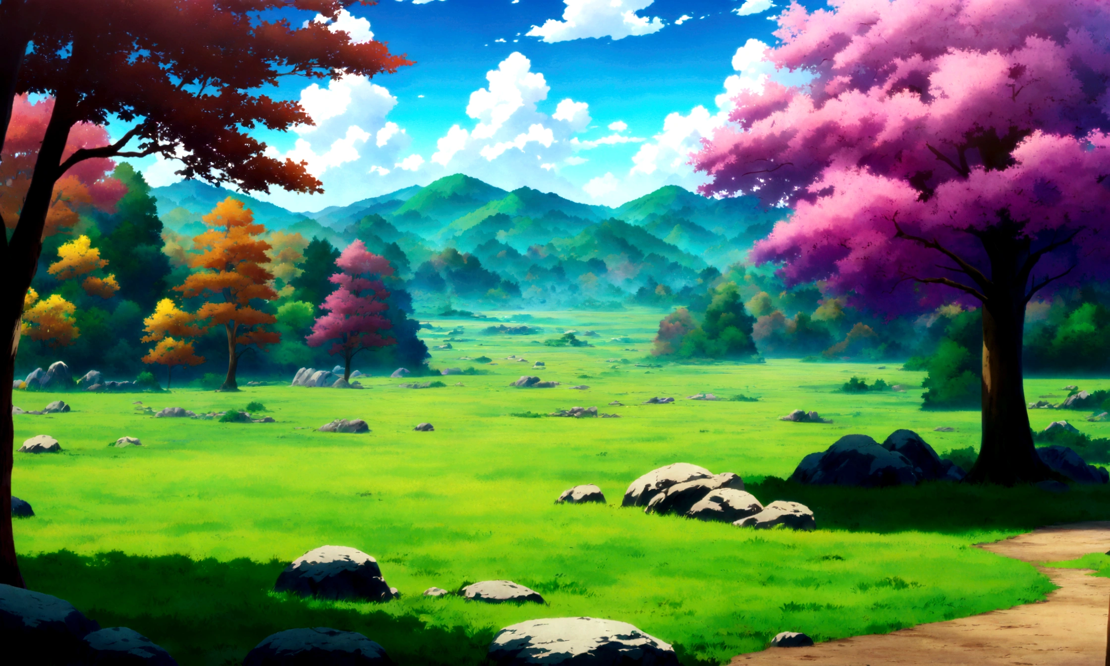 
anime - style painting of a tree in a grassy field with rocks, anime countryside landscape, anime landscape, anime landscape wallpaper, anime background art, beautiful anime scenery, anime background, anime beautiful peace scene, anime scenery, anime movie background, anime nature, anime scenery concept art, colorful anime movie background, beautiful anime scene, anime scene, beautiful landscape background