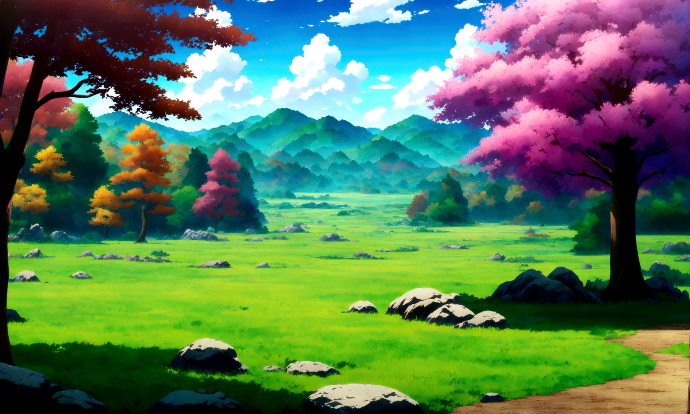 anime - style painting of a tree in a grassy field with rocks, anime countryside landscape, anime landscape, anime landscape wallpaper, anime background art, beautiful anime scenery, anime background, anime beautiful peace scene, anime scenery, anime movie background, anime nature, anime scenery concept art, colorful anime movie background, beautiful anime scene, anime scene, beautiful landscape background