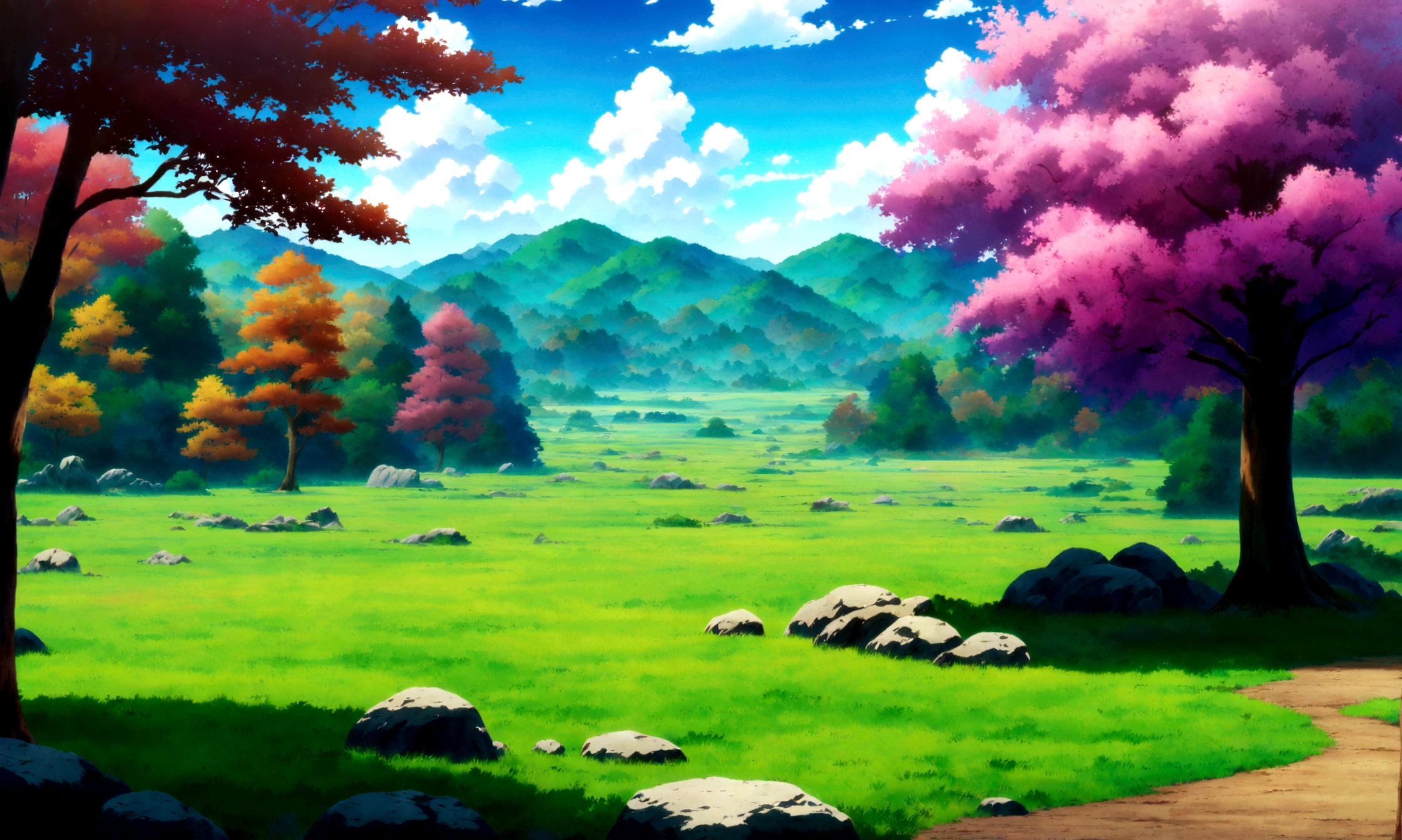 anime - style painting of a tree in a grassy field with rocks, anime countryside landscape, anime landscape, anime landscape wallpaper, anime background art, beautiful anime scenery, anime background, anime beautiful peace scene, anime scenery, anime movie background, anime nature, anime scenery concept art, colorful anime movie background, beautiful anime scene, anime scene, beautiful landscape background